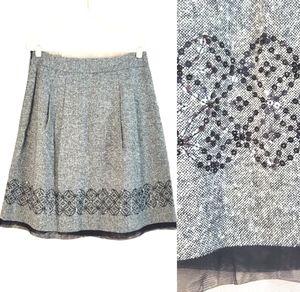 NWOT LOFT black pleated tweed beaded silk & wool A-line skirt Womens 12